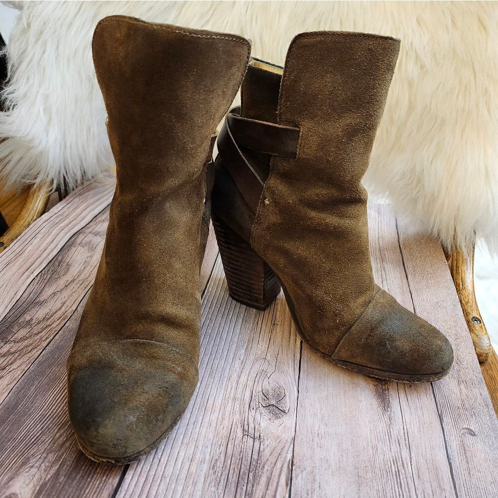 Rag & Bone Kinsey brown waxed suede Stacked heel ankle boots Sz 7‎